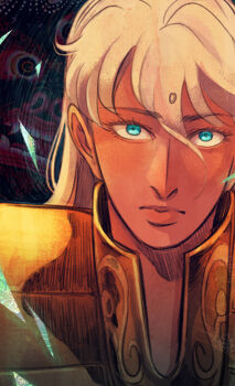 1boy ameliecausse armor bindi bishounen blonde_hair blue_eyes demon facial_mark forehead_mark gold_armor gold_cloth gold_saint highres long_hair looking_at_viewer male_focus portrait saint_seiya solo unusually_open_eyes virgo_shaka