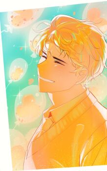 Rule 34 | 1boy, closed eyes, collared shirt, commentary request, gj9158, grin, head tilt, korean commentary, male focus, necktie, omniscient reader's viewpoint, orange hair, orange necktie, orange shirt, orange theme, orange vest, shirt, short hair, sidelighting, smile, solo, upper body, vest, yoo joonghyuk