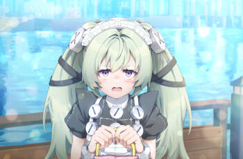 1girl apron black_nails commentary_request corin_wickes green_hair highres holding long_hair looking_at_viewer m.h. maid maid_apron maid_headdress open_mouth puffy_short_sleeves puffy_sleeves purple_eyes river screw_hair_ornament short_sleeves solo twintails zenless_zone_zero