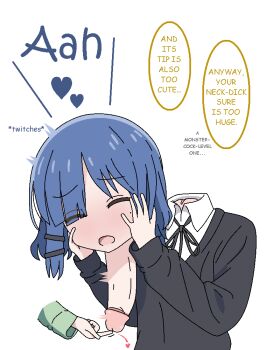 1girl black_jacket blue_hair bocchi_the_rock! closed_eyes dickneck disembodied_head dullahan english_text hair_ornament hairclip hands_on_own_cheeks hands_on_own_face jacket jbxpism misplaced_genitals penis_neck shirt simple_background solo speech_bubble uncensored what white_background white_shirt yamada_ryo yellow_eyes