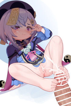 1boy 1girl bar_censor barefoot batazungharn bead_necklace beads censored coin_hair_ornament commentary cum feet footjob genshin_impact hair_ornament hat hetero highres jewelry jiangshi loli long_sleeves necklace paid_reward_available penis purple_eyes purple_hair pussy qingdai_guanmao qiqi_(genshin_impact) toes two-footed_footjob variant_set yin_yang