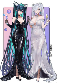 Rule 34 | 2girls, absurdres, aqua hair, bare shoulders, black shoes, blue eyes, breasts, catifex, champagne flute, cinderella (nikke), cleavage, cup, detached sleeves, dress, drinking glass, earrings, goddess of victory: nikke, grey hair, hair ornament, hair over one eye, highres, holding, holding cup, holding hands, jewelry, large breasts, little mermaid (nikke), long hair, looking at viewer, multicolored hair, multiple girls, purple lips, shoes, silver shoes, smile, two-tone hair, very long hair, yellow eyes