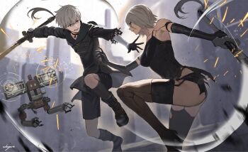 1boy 1girl 9s_(nier:automata) a2_(nier:automata) artist_name battle black_boots black_choker black_gloves black_jacket black_shirt black_thighhighs blurry blurry_background boots breasts choker clenched_teeth elbow_gloves furrowed_brow gloves grey_hair hair_between_eyes highres holding holding_sword holding_weapon jacket looking_at_another medium_breasts nekoyana nier:automata nier_(series) pendant_choker robot shirt short_hair sword teeth thighhighs torn_clothes weapon