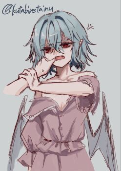 1boy 1girl anger_vein annoyed arm_up bare_shoulders bat_wings blue_hair commentary_request disembodied_hand double-parted_bangs fang finger_in_another&#039;s_mouth flat_chest furrowed_brow grabbing_another&#039;s_arm grey_background hair_between_eyes hair_intakes half-closed_eyes highres kutabiretainu off_shoulder open_mouth pointy_ears puffy_short_sleeves puffy_sleeves purple_shirt purple_skirt red_eyes remilia_scarlet shirt short_hair short_sleeves simple_background skirt skirt_set slit_pupils solo_focus touhou twitter_username veins veiny_hands wings