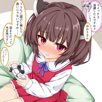 2girls ahoge alternate_costume blue_ribbon blunt_bangs blush brown_hair chibi chibi_inset controller dress embarrassed frilled_dress frills from_above game_controller hair_intakes headgear highres holding holding_controller holding_game_controller long_sleeves looking_at_viewer mac_4229 multiple_girls neck_ribbon parted_lips red_dress red_eyes ribbon short_hair sidelocks small_sweatdrop solo_focus touhoku_kiritan translation_request voiceroid yuzuki_yukari