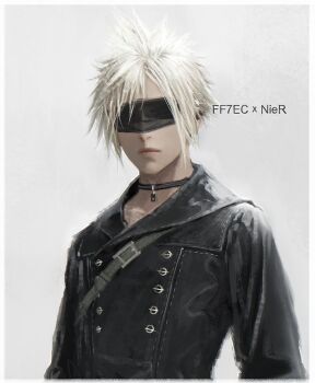 1boy 9s_(nier:automata) 9s_(nier:automata)_(cosplay) belt_buckle black_choker black_jacket blindfold blonde_hair buckle choker closed_mouth cloud_strife collarbone commentary company_connection cosplay covered_eyes d.k final_fantasy final_fantasy_vii final_fantasy_vii:_ever_crisis grey_background jacket lips long_sleeves male_focus nier:automata nier_(series) official_alternate_costume short_hair solo spiked_hair symbol-only_commentary upper_body