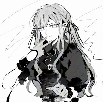 Rule 34 | 1girl, bang dream!, bang dream! it's mygo!!!!!, brooch, commentary, earrings, gloves, greyscale, hair ribbon, hand up, highres, jewelry, long hair, looking at viewer, maybecrosswise, monochrome, oblivionis (bang dream!), puffy short sleeves, puffy sleeves, ribbon, short sleeves, sidelocks, solo, togawa sakiko, upper body, v, v over mouth