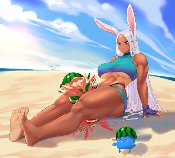 1girl abs animal_ears artist_name ass bare_legs bare_shoulders barefoot beach between_thighs bikini bird blue_bikini blue_bird boku_no_hero_academia breasts choker cloud cloudy_sky commentary crop_top crushing dark-skinned_female dark_skin english_commentary english_text feet fingerless_gloves food fruit fruit_hat full_body gabriel_carrasquillo gloves highres large_breasts legs legs_together light-skinned_soles long_eyelashes long_hair looking_at_object milestone_celebration mirko muscular muscular_female nail_polish navel outdoors palm_tree parted_bangs parted_lips purple_gloves rabbit_ears rabbit_girl red_eyes sitting skindentation sky soles solo sports_bikini suikawari swimsuit tan tankini tanline thank_you thick_thighs thighs thumbs_up toenail_polish toenails toes toned tree underboob very_long_hair watermelon watermelon_between_thighs white_hair yellow_nails