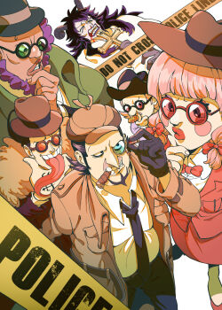 1girl 5boys absurdres arm_up baby beard black_gloves black_hair black_necktie blood bow bowtie brown_jacket bullet caesar_clown capone_gang_bege capone_pez caution_tape charlotte_chiffon cigar commentary cross death detective english_commentary english_text facial_hair glasses gloves goatee gotti_(one_piece) hand_on_own_chin hand_tattoo highres holding holding_bullet holding_cross horns jacket long_hair long_tongue monocle multiple_boys necktie one_piece pacifier parody pink_hair purple_hair red_bow red_bowtie red_jacket red_skirt rita_ya shirt skirt smile sunglasses tattoo tongue tongue_out vito_(one_piece) white_shirt