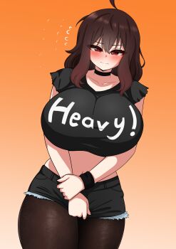 1girl absurdres ahoge black_choker black_shirt black_shorts black_wrist_cuffs blush breast_focus breasts brown_eyes brown_hair brown_pantyhose choker closed_mouth clothes_writing collarbone commentary cowboy_shot crop_top crossed_bangs double-parted_bangs dutch_angle embarrassed english_commentary english_text flying_sweatdrops gradient_background hair_between_eyes hand_on_own_wrist highres huge_breasts light_frown medium_hair midriff navel orange_background original pantyhose shirt short_sleeves shorts simple_background single_wrist_cuff solo split_mouth the_only_shoe thick_thighs thighs torn_clothes torn_shorts torn_sleeves v-shaped_eyebrows white_background wrist_cuffs