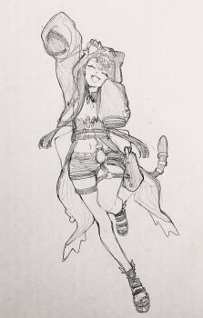 1girl :d ^_^ ankh arknights arms_up closed_eyes commentary facing_viewer graphite_(medium) greyscale hatching_(texture) highres hood hood_up hooded_jacket jacket leg_up linear_hatching long_hair monochrome navel o-ring o-ring_thigh_strap open_mouth outstretched_arm pepe_(arknights) photo_(medium) senpuki short_shorts shorts sketch sleeves_past_fingers sleeves_past_wrists smile solo standing standing_on_one_leg tail tail_ornament tail_ring thigh_strap traditional_media