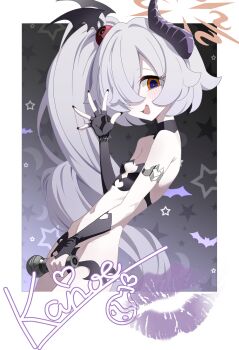 Rule 34 | 1girl, :d, arm garter, arm up, bat hair ornament, blue archive, breasts, brown halo, character signature, covered erect nipples, demon horns, detached collar, elbow gloves, facing to the side, gloves, grey hair, hair bobbles, hair ornament, halo, hashtag-only commentary, highres, holding, holding microphone, horns, jewelry, kanoe (blue archive), kiss, long hair, looking at viewer, microphone, multicolored eyes, navel, od sey, official alternate costume, one eye covered, open mouth, panties, patterned background, side ponytail, single elbow glove, small breasts, smile, solo, two-tone eyes, underwear, waving