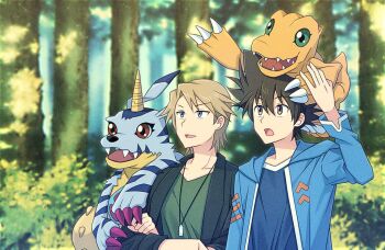Rule 34 | 2boys, agumon, black jacket, blonde hair, blue eyes, blue fur, blue jacket, blue shirt, brown eyes, brown hair, crossed arms, digimon, digimon (creature), digimon adventure -beyond-, forest, gabumon, green eyes, green shirt, group picture, hood, hooded jacket, horns, ishida yamato, jacket, jewelry, lizard tail, male focus, medium hair, missing commentary, momofukki, multiple boys, nature, outdoors, pendant, red eyes, shirt, short hair, single horn, tail, yagami taichi