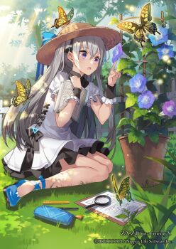 1girl black_bow blue_shoes book bow bug butterfly copyright_notice dress dress_bow eihi flower flower_pot grey_hair hair_ornament hat holding holding_book insect long_hair magnifying_glass morning_glory nu_(z/x) official_art open_mouth outdoors paper pencil pencil_case purple_eyes shoes sitting straw_hat wariza white_dress z/x