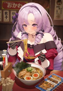 1girl bare_shoulders black_gloves blush bow bowl breasts char_siu chopped_spring_onion chopsticks closed_mouth collarbone commentary_request curtained_hair dress drill_hair drill_sidelocks eating egg food food_in_mouth forehead furrowed_brow gloves hair_between_eyes hair_bow hairband hands_up highres holding holding_chopsticks hyakumantenbara_salome hyakumantenbara_salome_(1st_costume) indoors large_breasts long_hair long_sleeves looking_ahead meat menu nijisanji noodles nori_(seaweed) off-shoulder_dress off_shoulder okawa_(okawa_r1) parted_bangs plate poster_(object) purple_bow purple_eyes purple_hair quad_drills ramen red_dress sidelocks skewer softboiled_egg solo soy_sauce_bottle sparkling_eyes star_(symbol) steam table very_long_hair virtual_youtuber