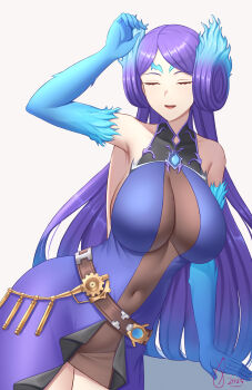 1girl absurdres bare_shoulders belt blue_dress blue_gloves blue_hair breasts brighid_(xenoblade) closed_eyes dot_nose dress elbow_gloves female_focus fire ghonky gloves highres large_breasts navel open_mouth purple_hair skin_tight smile solo standing white_background xenoblade_chronicles_(series) xenoblade_chronicles_2