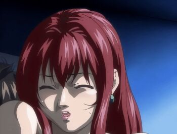 00s 1boy 1girl 2002 age_difference animated animated_gif bedroom bible_black bible_black_night_of_the_walpulgiss book closed_eyes collarbone earrings implied_sex jewelry lipstick long_hair makeup mature_female minase_taki moaning older_female_and_younger_male open_mouth red_hair red_lips shirt solo sweat tagme takashiro_hiroko teacher teacher_and_student white_shirt