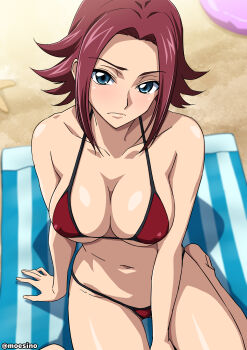 1girl absurdres beach_towel bikini blue_eyes breasts brown_hair code_geass flipped_hair highres kouzuki_kallen large_breasts moeshino official_style parted_bangs red_bikini sand short_hair sitting solo striped_towel swimsuit towel twitter_username wariza