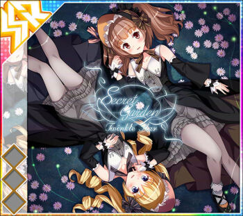 Rule 34 | 2girls, album cover, bare shoulders, black bonnet, black bow, black dress, black shoes, black sleeves, blonde hair, blue eyes, blush, bonnet, bow, brown bow, brown hair, collarbone, cover, detached sleeves, dot nose, dress, drill hair, english text, flower, flower bed, from above, game cg, grey dress, grey pantyhose, hand on own stomach, hand up, idol wars, knee up, knees together feet apart, long hair, looking at viewer, lying, medium hair, momose megu, multiple girls, official art, on back, open mouth, pantyhose, pink flower, quad drills, red eyes, shoes, sleeveless, sleeveless dress, smile, socks, striped bow, tenkawa rinka, third-party source, twintails, white socks, white wrist cuffs, wrist cuffs