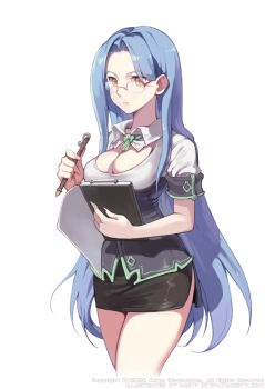 artist_name black_shirt black_skirt blue_hair breasts brown_pupils caesty clipboard closed_mouth commentary_request company_name copyright_notice curtained_hair dated_commentary detached_collar english_text fingernails forehead green_ribbon holding holding_clipboard holding_pen katrina korean_commentary large_breasts long_hair miniskirt narrow_waist nexon official_art over-rim_eyewear parted_bangs pen pencil_skirt production_art red-framed_eyewear ribbon semi-rimless_eyewear shirt side_slit simple_background skirt sleeve_cuffs standing straight_hair tales_weaver underbust very_long_hair watermark web_address white_background white_shirt white_sleeves yellow_eyes