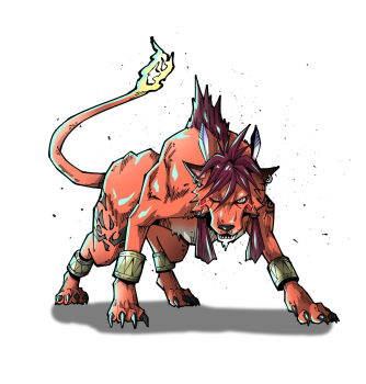 animal animal_earrings beads body_markings bracer claws facial_mark feather_hair_ornament feathers final_fantasy final_fantasy_vii fire flame-tipped_tail full_body hair_beads hair_ornament highres lakugali_shiki looking_at_viewer no_humans open_mouth orange_fur red_hair red_xiii scar scar_across_eye scar_on_face sharp_teeth sidelocks solo tail teeth white_background yellow_eyes