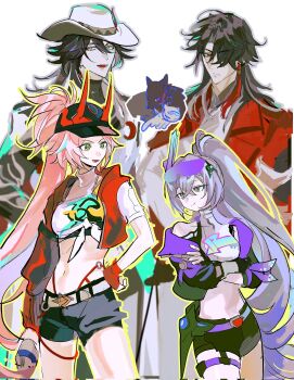 Rule 34 | 2boys, 2girls, ashveil (honkai: star rail), baseball cap, black hair, blade (honkai: star rail), clothing cutout, commentary request, crop top, cropped jacket, crossed arms, curtained hair, double-parted bangs, eyewear on head, fake horns, green eyes, grey eyes, grey hair, hair between eyes, hair over one eye, hand on own chest, hat, high ponytail, highres, honkai: star rail, honkai (series), horns, jacket, jwisae232, korean commentary, long hair, looking at another, midriff, mortenax blade (honkai: star rail), multicolored hair, multiple boys, multiple girls, open clothes, open jacket, pink hair, ponytail, rappa (honkai: star rail), red eyes, shorts, silver wolf (honkai: star rail), silver wolf (lv.999) (honkai: star rail), smile, streaked hair, tassel, very long hair