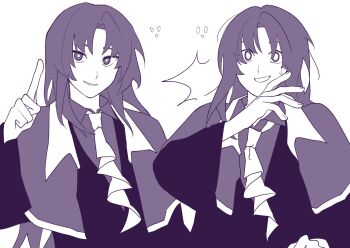 1other ^^^ androgynous ascot bright_pupils clause_(len&#039;en) coat collared_capelet collared_shirt happy highres len&#039;en long_hair long_sleeves monochrome multiple_views nervous_smile other_focus parted_bangs parted_lips pointing purple_theme shirt sicysod5 sidelocks simple_background smile smirk surprised v-neck white_background white_pupils wide-eyed wide_sleeves
