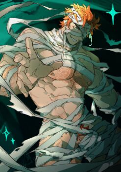 1boy abs absurdres arm_up bandages bara bare_pectorals chest_hair commentary english_commentary fingernails fire_emblem fire_emblem:_three_houses halloween halloween_costume highres male_focus male_pubic_hair mummy nintendo nipples one_eye_covered pectorals penis penis_peek pubic_hair reaching reaching_towards_viewer red_hair red_pubic_hair satodee short_hair signature solo sylvain_jose_gautier