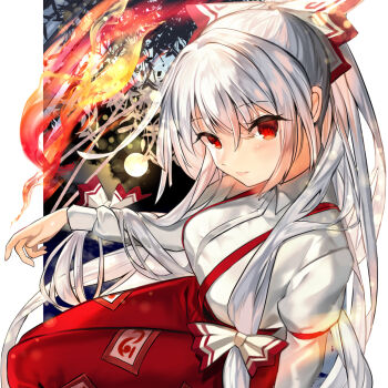 1girl bow breasts closed_mouth collared_shirt commentary_request fire fuepo fujiwara_no_mokou grey_hair hair_bow highres large_breasts long_hair long_sleeves looking_at_viewer ofuda ofuda_on_clothes pants pyrokinesis red_eyes red_pants shirt solo suspenders touhou very_long_hair white_bow white_shirt