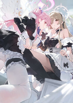 bare_shoulders black_dress blue_archive blush breasts brown_eyes dress flower grey_hair hair_bun hair_flower hair_ornament hair_scrunchie halo highres large_breasts long_hair looking_at_viewer medium_breasts mika_(blue_archive) modare nagisa_(blue_archive) pink_hair scrunchie sidelocks single_side_bun thighs yellow_eyes