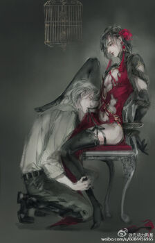 2boys alternate_costume alternate_hair_color alternate_hair_length alternate_hairstyle bdsm belt birdcage black_belt black_gloves black_hair black_pants black_ribbon black_shoes black_thighhighs blush bondage bound bound_arms cage chair china_dress chinese_clothes cleavage_cutout closed_eyes clothing_cutout crossdressing crossdressing_(mtf) dress earrings elbow_gloves faux_traditional_media flower foot_on_another&#039;s_shoulder from_side gloves grey_eyes grey_hair hair_flower hair_ornament high_heels holding_another&#039;s_leg jewelry kcllzas163 knee_up kneeling lan_wangji leg_grab long_hair looking_at_another makeup male_focus modao_zushi mouth_hold multiple_boys navel on_chair pants pectorals pelvic_curtain profile red_dress red_flower revealing_clothes ribbon ribbon_in_mouth shirt shoes short_hair side_slit sitting tassel tassel_earrings teeth_hold thighhighs thighs third-party_source torn_clothes trap undressing_another watercolor_effect watermark wei_wuxian weibo_watermark white_shirt yaoi