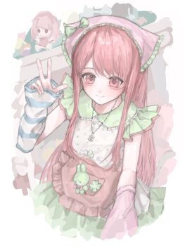 1girl aegyo_sal apron arm_warmers bare_shoulders bloom_poetry_(shining_nikki) blouse border bow character_doll chinese_commentary closed_mouth clover collared_shirt commentary_request cropped_legs doll dot_nose four-leaf_clover frilled_apron frilled_headwear frilled_shirt frilled_shirt_collar frills green_bow green_skirt happy hat hat_bow headscarf highres indoors light_blush long_hair long_sidelocks looking_ahead mismatched_arm_warmers nikki_(nikki) nikki_(series) pink_apron pink_arm_warmers pink_eyes pink_headscarf pleated_skirt pocket polka_dot polka_dot_shirt shelf shining_nikki shirt shuimitaodamaichang sidelocks skirt smile snowflake_necklace solo straight_hair striped_arm_warmers stuffed_animal stuffed_rabbit stuffed_toy very_long_hair waist_apron white_arm_warmers white_border white_shirt