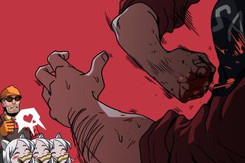 2boys 4girls animal_ears black_giraffe blood blood_on_hands blush_stickers cerberus_(helltaker) chibi clenched_hand comic cosplay crossover demon_girl demon_tail dog_ears eating engineer_(tf2) facial_hair fang food gloves goggles hard_hat heart helltaker helltaker_(character) helmet highres lucifer_(helltaker) mouth_hold multiple_boys multiple_girls nutella out_of_frame pancake punched punching red_background red_engineer_(tf2) red_shirt segmented_comic shirt silent_comic single_glove smelling spoken_heart stubble sweatdrop tail team_fortress_2 the_engineer_(cosplay) triplets