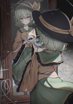 1girl absurdres black_hat blush bow breasts buttons contrast_collar dfra diamond_button frilled_shirt_collar frilled_skirt frilled_sleeves frills green_eyes green_hair green_skirt hair_between_eyes hat hat_ribbon heart heart-shaped_pupils heart_of_string highres komeiji_koishi long_sleeves looking_at_mirror looking_at_viewer medium_breasts mirror open_mouth parted_lips reflection ribbon shirt short_hair skirt smile solo symbol-shaped_pupils third_eye tile_floor tiles touhou wide_sleeves yellow_ribbon yellow_shirt