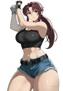 1girl arms_up bare_arms belt black_gloves black_lagoon black_tank_top blue_shorts breasts brown_eyes brown_hair cigarette cleavage commentary commentary_request curvy cutoffs fingerless_gloves gloves harutoyumaarts highres large_breasts long_hair looking_at_viewer micro_shorts muscular muscular_female navel ponytail revy_(black_lagoon) short_shorts shorts sidelocks simple_background smoking solo stomach tank_top tattoo thick_thighs thighs white_background
