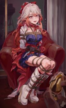 1girl a_tea ankle_boots arms_behind_back bdsm blue_dress bondage boots bound bound_ankles bound_arms bound_breasts bound_legs bound_torso breast_bondage breasts butt_plug chair character_request colored_tips copyright_request cropped_jacket crotch_rope crying crying_with_eyes_open dress female_focus grey_hair highres indoors long_hair looking_at_viewer multicolored_hair on_chair open_mouth pointy_ears ponytail red_eyes red_hair red_ribbon ribbon sex_toy shibari shibari_over_clothes sitting skindentation small_breasts solo_focus tears teeth upper_teeth_only very_long_hair