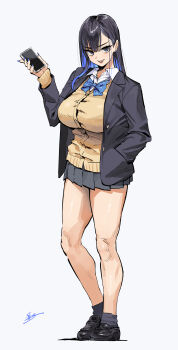 1girl :d absurdres black_eyes black_hair black_jacket black_shoes black_skirt black_socks blue_hair breasts brown_cardigan cardigan cellphone colored_inner_hair commentary_request full_body gyaru hair_between_eyes highres holding holding_phone jacket kaedeko_(kaedelic) large_breasts looking_at_viewer multicolored_hair open_mouth original phone pleated_skirt school_uniform shirt shoes signature simple_background skirt smartphone smile socks solo standing streaked_hair teeth thighs two-tone_hair upper_teeth_only white_background white_shirt