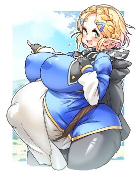 1girl black_gloves black_pants blonde_hair blue_eyes blue_jacket border breasts cloak covered_erect_nipples cowboy_shot day fingerless_gloves gloves hood hood_down jacket large_breasts long_sleeves nintendo open_mouth outdoors outie_navel pants parted_bangs pointy_ears pregnant princess_zelda sachito shirt short_hair smile solo standing the_legend_of_zelda the_legend_of_zelda:_tears_of_the_kingdom thick_eyebrows white_border white_shirt