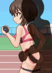 1boy 1girl animated ass blush bouncing_breasts breasts brown_eyes brown_hair buruma buruma_pull closed_mouth clothes_pull cum cum_in_pussy girls_und_panzer hetero hudero large_breasts nishizumi_maho outdoors penis pixel_art rape sex sex_from_behind short_hair sky solo_focus sports_bra standing time_stop vaginal video x-ray