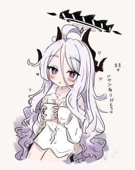 Rule 34 | 1girl, absurdres, black halo, black horns, blue archive, borrowed clothes, commentary, cup, demon girl, demon horns, e v e neko, halo, heart, highres, hina (blue archive), holding, holding cup, horns, long hair, open mouth, purple eyes, romaji commentary, shirt, sitting, solo, translation request, very long hair, wavy hair, white hair, white shirt