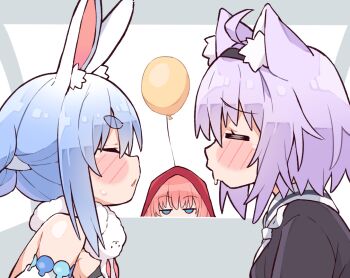 3girls animal_ears blue_hair blush_stickers cat_ears cat_girl closed_eyes don-chan_(usada_pekora) hololive kukie-nyan looking_at_viewer multiple_girls nekomata_okayu nekomata_okayu_(school_uniform) official_alternate_costume open_mouth purple_eyes sakura_miko usada_pekora usada_pekora_(1st_costume) virtual_youtuber yuri