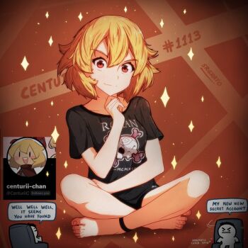 1girl 1other ankle_strap artist_self-insert barefoot black_shirt blonde_hair centurii-chan centurii-chan_(character) english_text full_body indian_style medium_hair original red_eyes shirt sitting skull_print sparkle speech_bubble srgrafo t-shirt twitter twitter_username