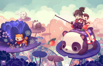 1boy animal black_eyes black_hair blue_flower commentary dog elda_the english_commentary flower food fruit hair_ornament headband holding japanese_clothes kimono lily_pad monkey open_mouth original outdoors panda peach pink_flower ponytail shiba_inu signature