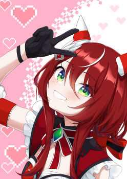 1girl absurdres animal_ears breasts commentary_request gloves green_eyes hair_between_eyes hair_ornament heart highres horse_ears horse_girl kanameyuzuriha long_hair looking_at_viewer low_twintails pixel_heart portrait red_hair simple_background small_breasts smile solo twintails umamusume v win_variation_(umamusume)