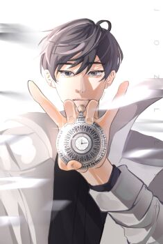 1boy :| aegyo_sal black_eyes black_hair black_shirt closed_mouth coat expressionless highres holding holding_pocket_watch jozllie kim_dokja looking_at_viewer male_focus omniscient_reader&#039;s_viewpoint open_clothes open_coat pocket_watch popped_collar shirt short_hair solo watch white_coat