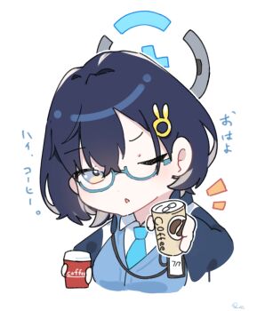 1girl blue-framed_eyewear blue_archive blue_hair blue_halo blue_jacket blue_necktie blue_sweater_vest blush can canned_coffee chestnut_mouth chibi chibi_only chihiro_(blue_archive) collared_shirt commentary_request cropped_torso cup disposable_coffee_cup disposable_cup drink_can glasses grey_eyes hair_ornament halo holding holding_can jacket looking_at_viewer medium_hair multicolored_jacket necktie notice_lines one_eye_closed open_clothes open_jacket parted_lips rabbit_hair_ornament ryo_(ryo_skrdi) semi-rimless_eyewear shirt signature simple_background solo sweater_vest translation_request two-tone_jacket under-rim_eyewear white_background white_jacket white_shirt