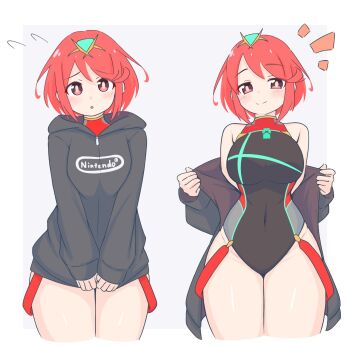 alternate_costume core_crystal_(xenoblade) highres hood hoodie one-piece_swimsuit pyra_(pro_swimmer)_(xenoblade) pyra_(xenoblade) red_one-piece_swimsuit swept_bangs swimsuit thick_thighs thighs uncool_mochi xenoblade_chronicles_(series) xenoblade_chronicles_2