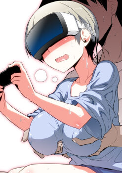 1boy 1girl blue_shirt blush breasts collarbone commentary_request controller covered_erect_nipples deep_skin faceless faceless_male fang game_controller grabbing_another's_breast grabbing_from_behind grey_hair groping head-mounted_display hitotose_rin holding holding_controller large_breasts loose_clothes loose_shirt nipple_stimulation nipple_tweak open_mouth sakurai_shin'ichi shirt short_hair short_sleeves shorts simple_background sitting sitting_on_lap sitting_on_person skin_fang sweat t-shirt uzaki-chan_wa_asobitai! uzaki_hana virtual_reality white_background