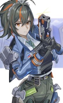 1girl absurdres ahoge black_gloves blue_jacket blurry blurry_background building checkered_necktie closed_mouth duplicate gloves green_necktie green_pants gun hair_between_eyes high-waist_pants highres holding holding_gun holding_weapon holster jacket looking_at_viewer multicolored_hair necktie orange_eyes outdoors pants police police_uniform policewoman ponytail red_hair red_streaks reloading rxo2xs shirt shoulder_holster solo sparkle streaked_hair tight_clothes tight_pants upper_body weapon white_background white_shirt zenless_zone_zero zhu_yuan