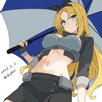 Rule 34 | 1girl, absurdres, bandeau, bigkwl, black hairband, black skirt, blonde hair, blue eyes, breasts, cropped jacket, dated, fingerless gloves, from below, gloves, grey bandeau, grey gloves, grey jacket, hairband, highres, jacket, kantai collection, large breasts, long hair, looking at viewer, midriff, nelson (kancolle), nelson (race queen) (kancolle), official alternate costume, one-hour drawing challenge, race queen, simple background, skirt, solo, strapless, tube top, twitter username, white background